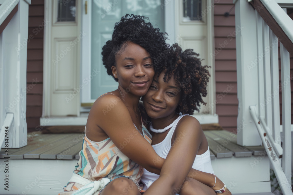 Fototapeta premium Two Black sisters sitting on stairs in front of a house, sharing a heartfelt embrace. Capturing the essence of sisterly love and the strong relationship between siblings.