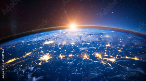 A beautiful view of the Earth at night, with the sun rising in the distance