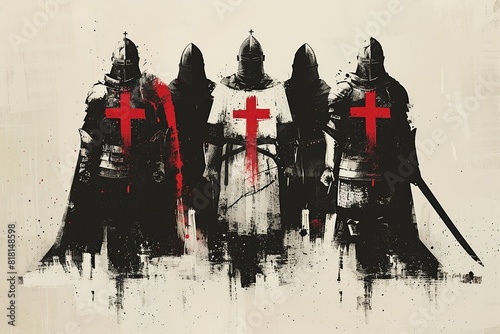 A minimalist illustration of Templar knights, utilizing clean lines and sparse details to portray the essence of their order and chivalry, capturing the iconic imagery of knights in armor