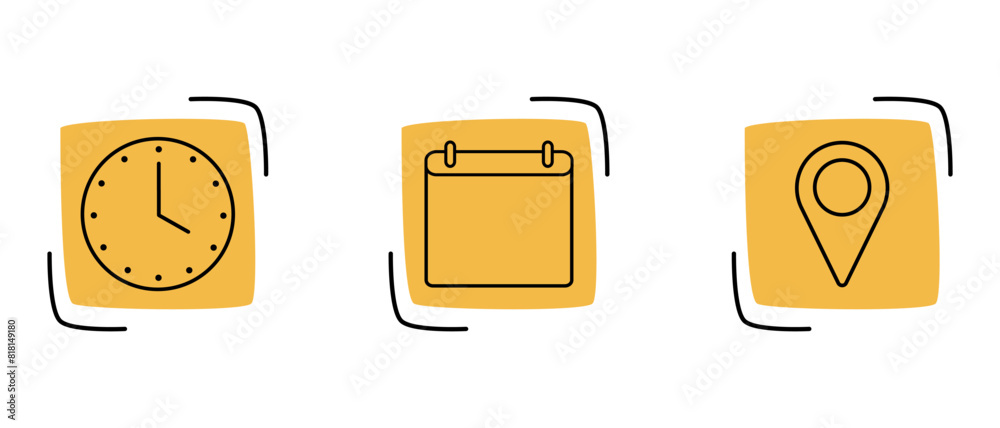 Clock, calendar and location pin icons on yellow squares Clock, calendar and location pin icons on yellow squares