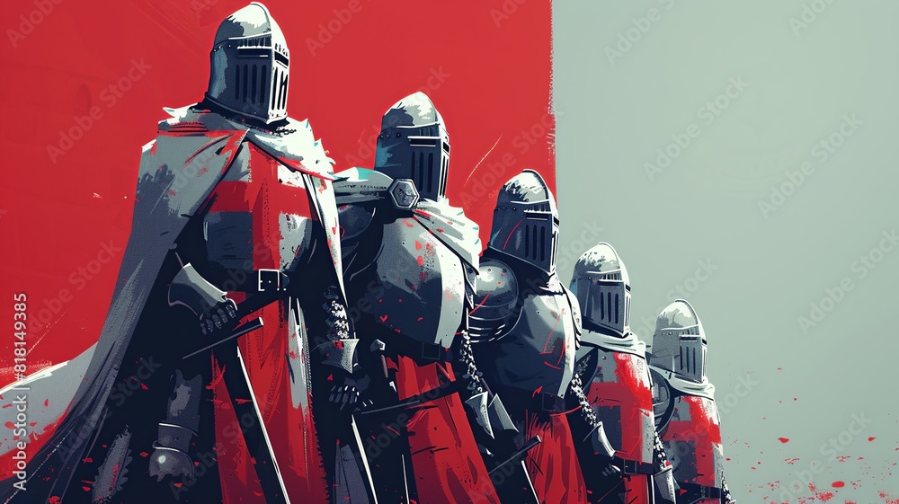 Naklejka premium A minimalist illustration of Templar knights, utilizing clean lines and sparse details to portray the essence of their order and chivalry, capturing the iconic imagery of knights in armor