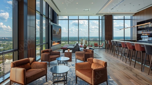 Luxurious lounge area in a high-rise building, featuring comfortable seating, a bar, and large windows offering a stunning city view on a sunny afternoon.