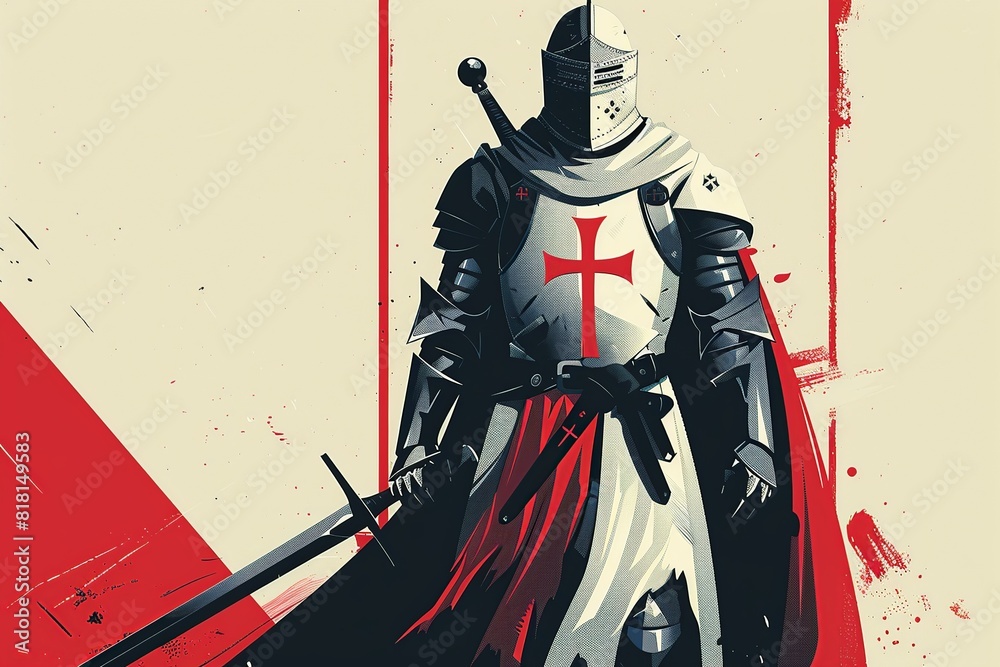 Obraz premium A minimalist illustration of Templar knights, utilizing clean lines and sparse details to portray the essence of their order and chivalry, capturing the iconic imagery of knights in armor