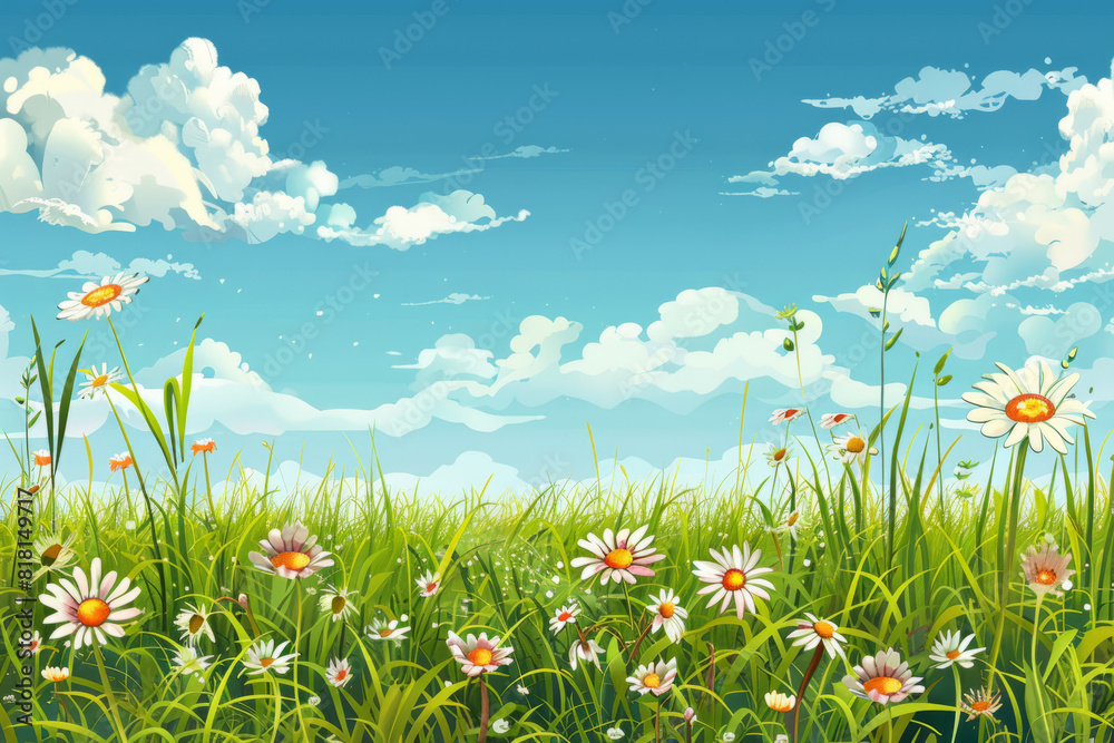 Cartoon vector illustration of a summer meadow with green grass, wild flowers. A summer concept.