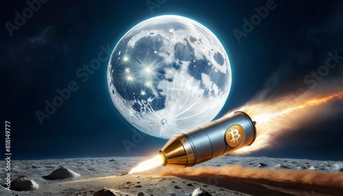 A stylized bullet rocket emblazoned with the Bitcoin logo soars towards a large, detailed moon in a dramatic night sky, illustrating cryptocurrency's ambitious reach. photo