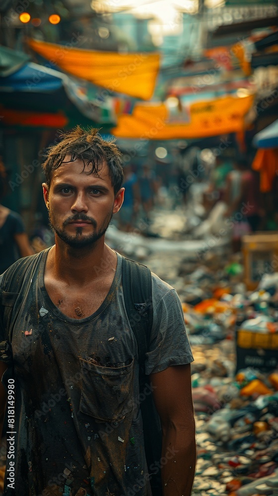 A man with a beard and a backpack is standing in a dirty alleyway A man with a beard and a backpack is standing in a dirty alleyway