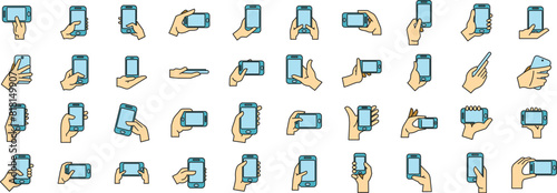 Hand holding phone icons set outline vector. Mobile chat. Hand messenger thin line color flat on white