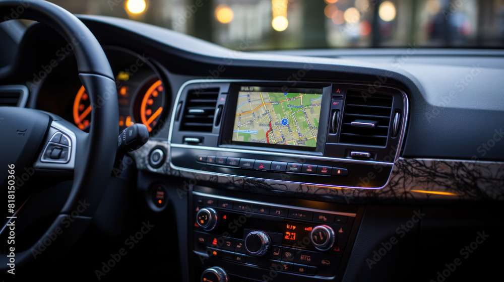Car Interior with GPS Navigation System Display and Modern Dashboard