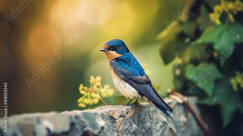 A rearview of a blue swallow bird perched on a stone wall