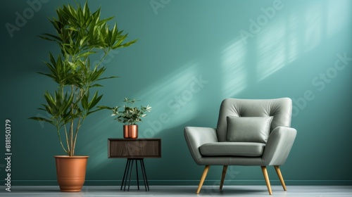 Stylish Green Armchair Against Blue Wall with Plants in Modern Living Room