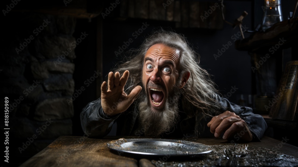 Man Shouting in a Dark Room with Empty Plate