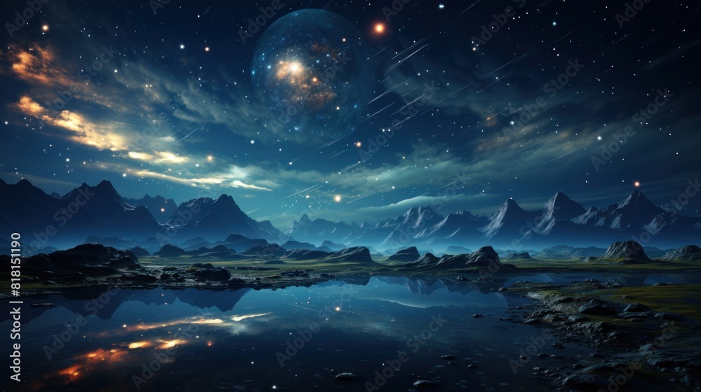 Stunning Night Sky with Full Moon Above Reflective Lake and Mountain Range Stunning Night Sky with Full Moon Above Reflective Lake and Mountain Range