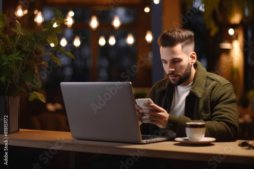 A young man is sitting in cafe enjoying hot drink while using a laptop and a smart phone in a modern cafe