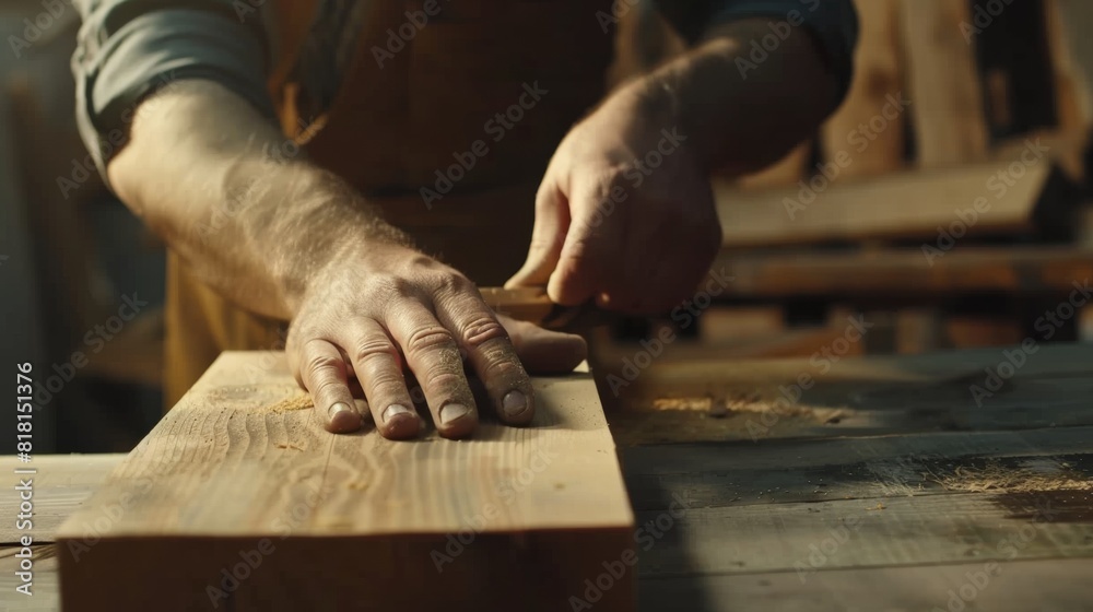 close up man owner a small furniture business is preparing wood for production. carpenter male is adjust wood to the desired size. architect, designer
