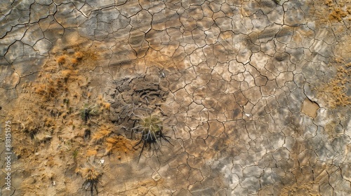 A rocky  dry  and cracked surface with a few plants growing in the cracks