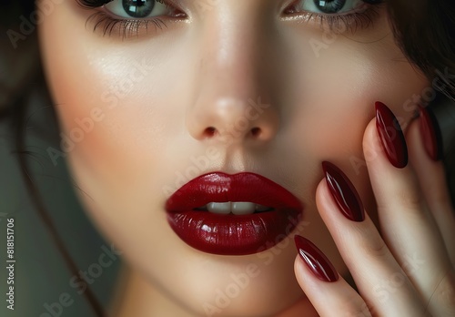 Close-up Portrait of a Beautiful Woman with Burgundy Lips and Dark Red Manicure  Featuring Perfect Color Matching and Elegant Hands in Luxury Style