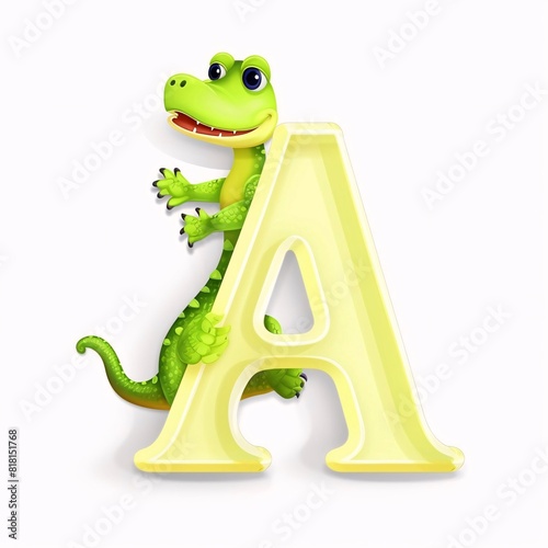 Cute crocodile with letter A isolated on white background. 3d rendering.