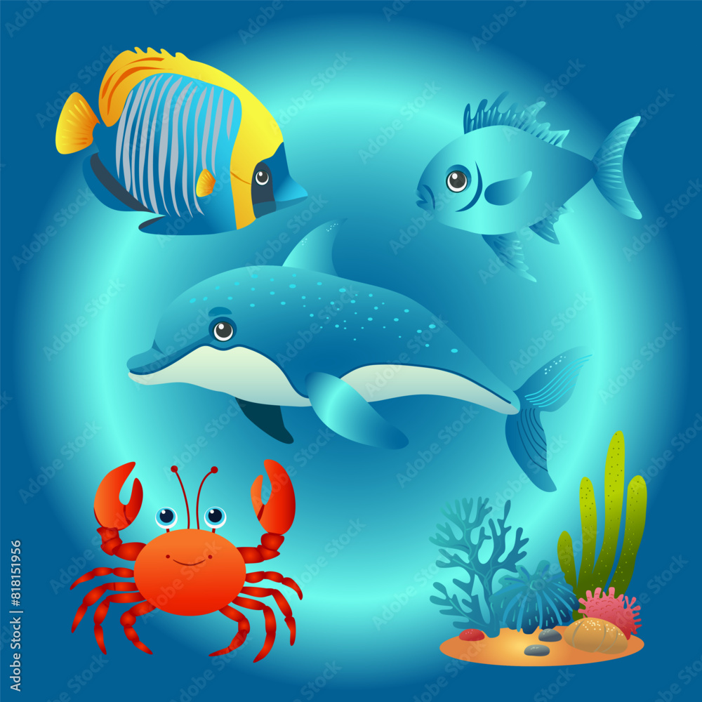 Fototapeta premium Vector illustration of fish and algae in flat style