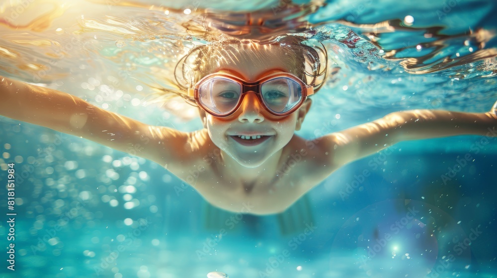 Naklejka premium Cute smiling child having fun swimming and diving in the pool at the resort on summer vacation. Sun shines under water and sparkling water reflection. Activities and sports to happy kid