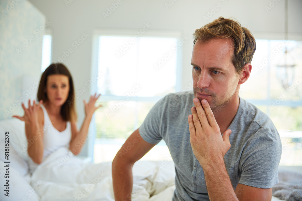 Thinking, married and man in bedroom at house with stress, anxiety and problem of secret conflict from woman. Frustrated, couple and fear of infertility disaster with insomnia crisis for divorce Thinking, married and man in bedroom at house with stress, anxiety and problem of secret conflict from woman. Frustrated, couple and fear of infertility disaster with insomnia crisis for divorce