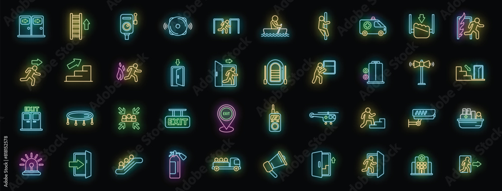 Human evacuation icons set outline vector. Emergency exit. Escape door neon color on black