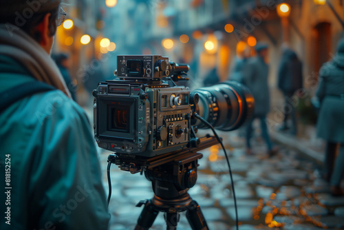 Camera with microphone. Political advertisements airing on television and social media platforms  targeting undecided voters .A man in city takes photo with camera on tripod in cobblestone street