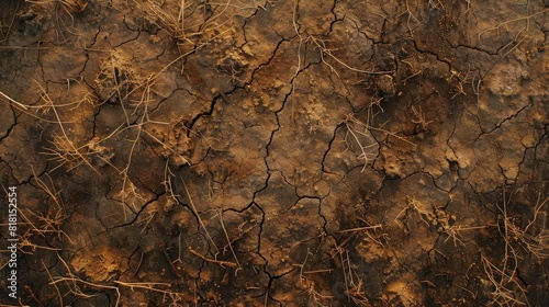 A close up of a dirt ground with a lot of cracks and holes