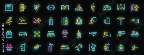 Human evacuation icons set outline vector. Emergency exit. Escape door neon color on black