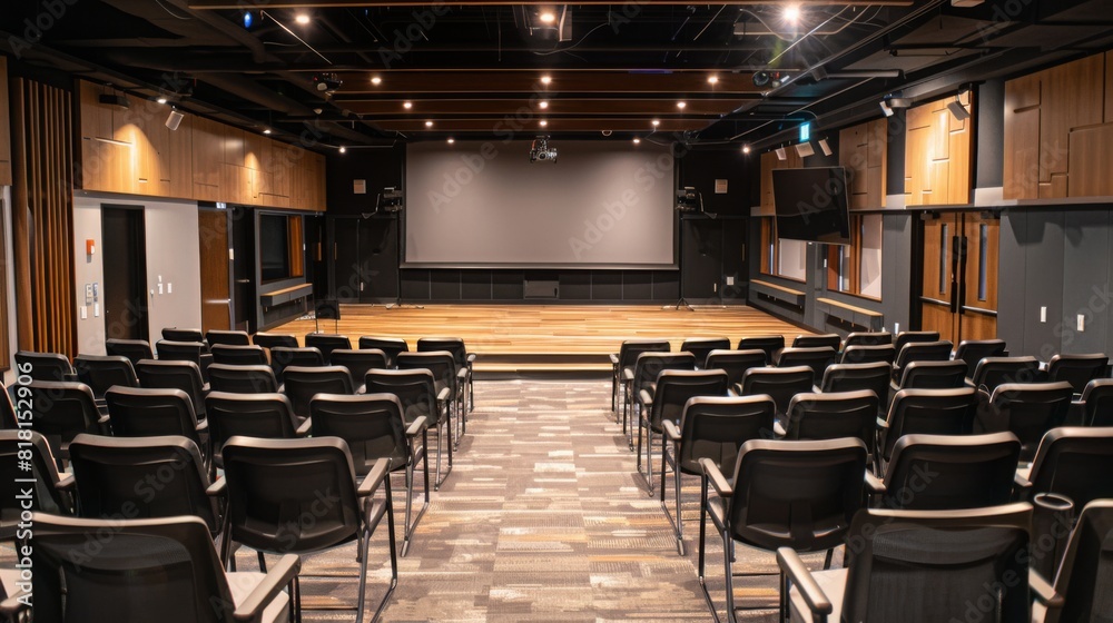 Rows of chairs fill an auditorium facing a projection screen at the front. The stage is set for presentations or events. Rows of chairs fill an auditorium facing a projection screen at the front. The stage is set for presentations or events.