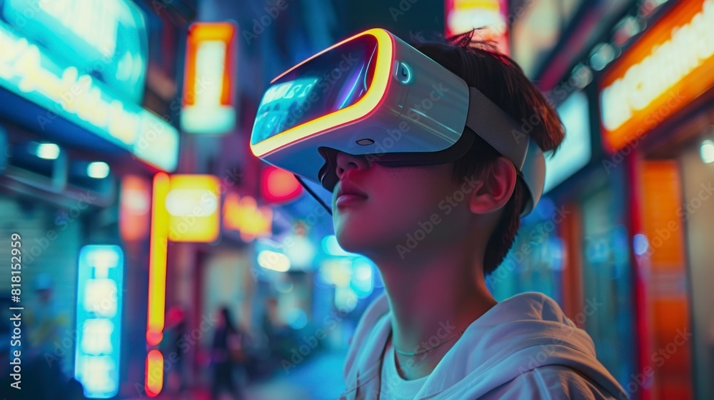 boy with virtual reality glasses in a futuristic environment boy with virtual reality glasses in a futuristic environment