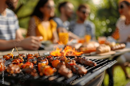 Group of friends having party outdoors in the evening, Focus on barbecue grill with food on the stove.