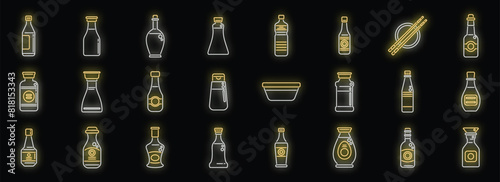 Soy sauce icons set outline vector. Sashimi fried. Tempura shrimp neon color on black