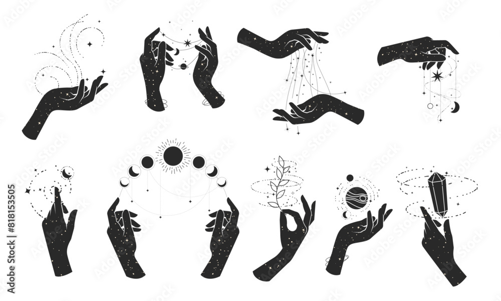 Wizardry and mysticism, fortune-telling, hands of witch practicing witchcraft, magic spells and sorcery of divination, vector Wizardry and mysticism, fortune-telling, hands of witch practicing witchcraft, magic spells and sorcery of divination, vector