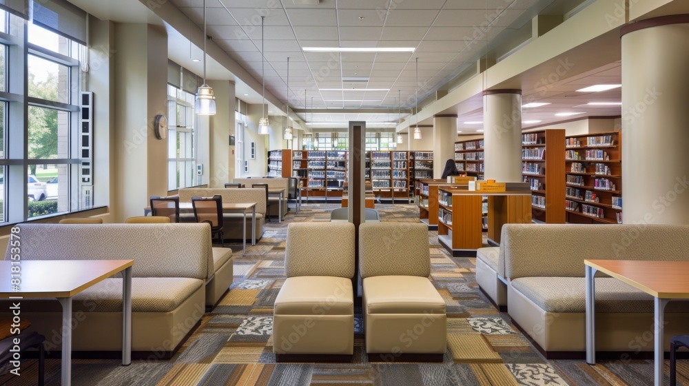 The image shows the contemporary interior of a library featuring comfortable couches and tables for study and reading purposes. The image shows the contemporary interior of a library featuring comfortable couches and tables for study and reading purposes.