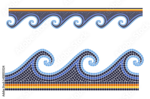 Ancient mosaic wave, seamless sea border in portuguese style, decorative tessellation stone ornament, vector © gomixer