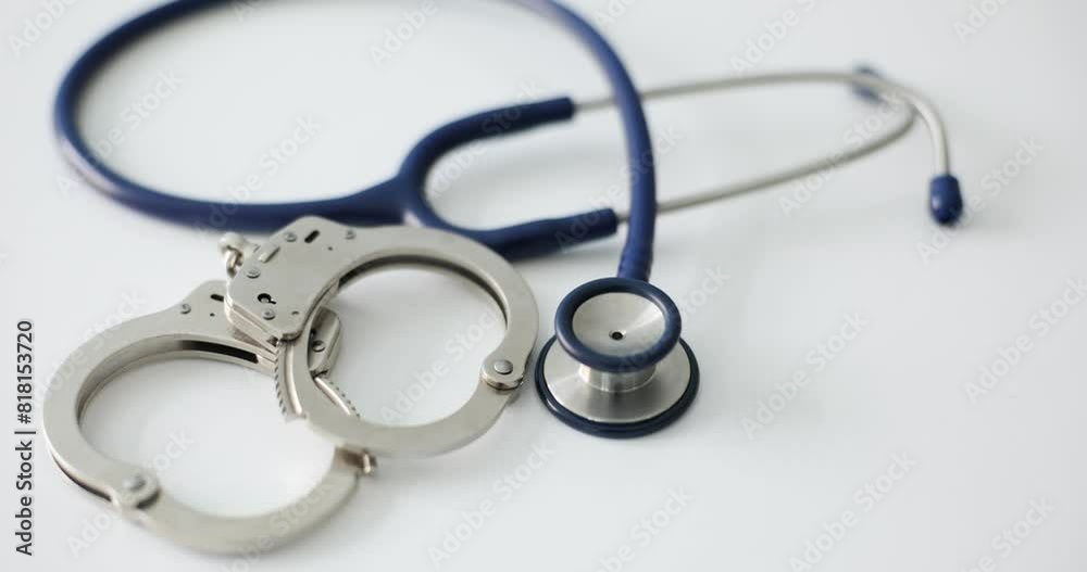 Metal handcuffs and stethoscope on white table in hospital premise. Criminal responsibility symbol for medical mistakes. Illegal doctor practice prohibition Metal handcuffs and stethoscope on white table in hospital premise. Criminal responsibility symbol for medical mistakes. Illegal doctor practice prohibition