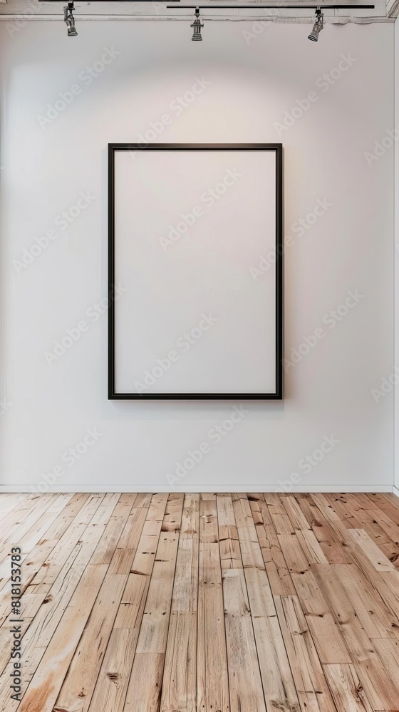 empty blank empty wall with frame on wooden floor, fine black frame, mock up empty blank empty wall with frame on wooden floor, fine black frame, mock up