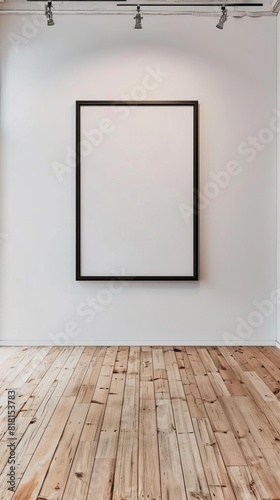 empty blank empty wall with frame on wooden floor  fine black frame  mock up