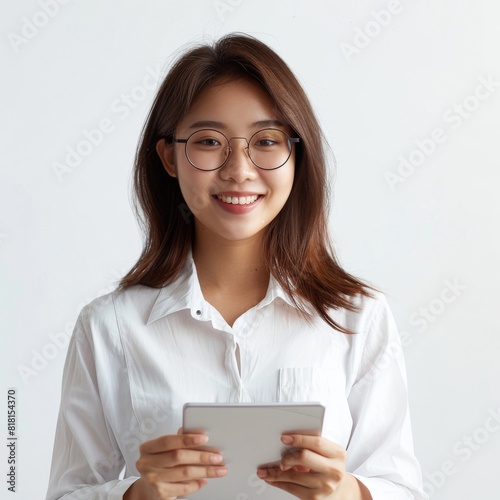 Wallpaper Mural Young asian woman isolated, company worker in glasses, smiling and holding digital tablet Torontodigital.ca