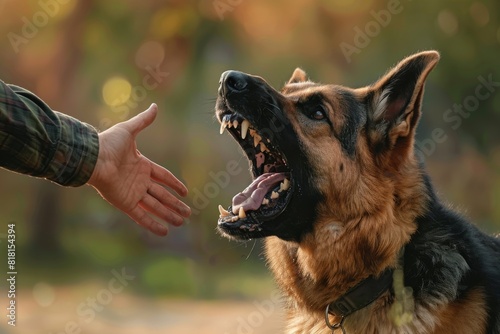 Aggressive dog bites, german shepherd attacks a man and bites his hand, training pets, rabid animals photo