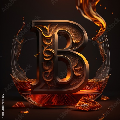 Cognac or brandy in a glass with ice cubes. Letter B photo