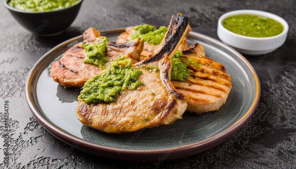 Grilled pork chops with salsa verde sauce on dark table. Tasty meat dish. Delicious food for dinner Grilled pork chops with salsa verde sauce on dark table. Tasty meat dish. Delicious food for dinner