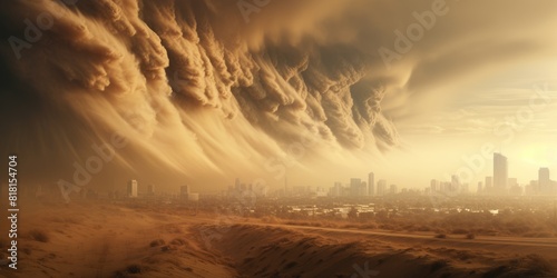 A sandstorm is approaching a modern city. Natural disaster, natural phenomenon. Generative AI