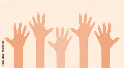 Raised hands illustration with diverse skin tones