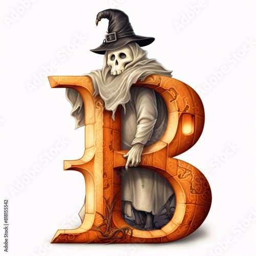 Letter B with a skull in a witch's hat. 3D rendering