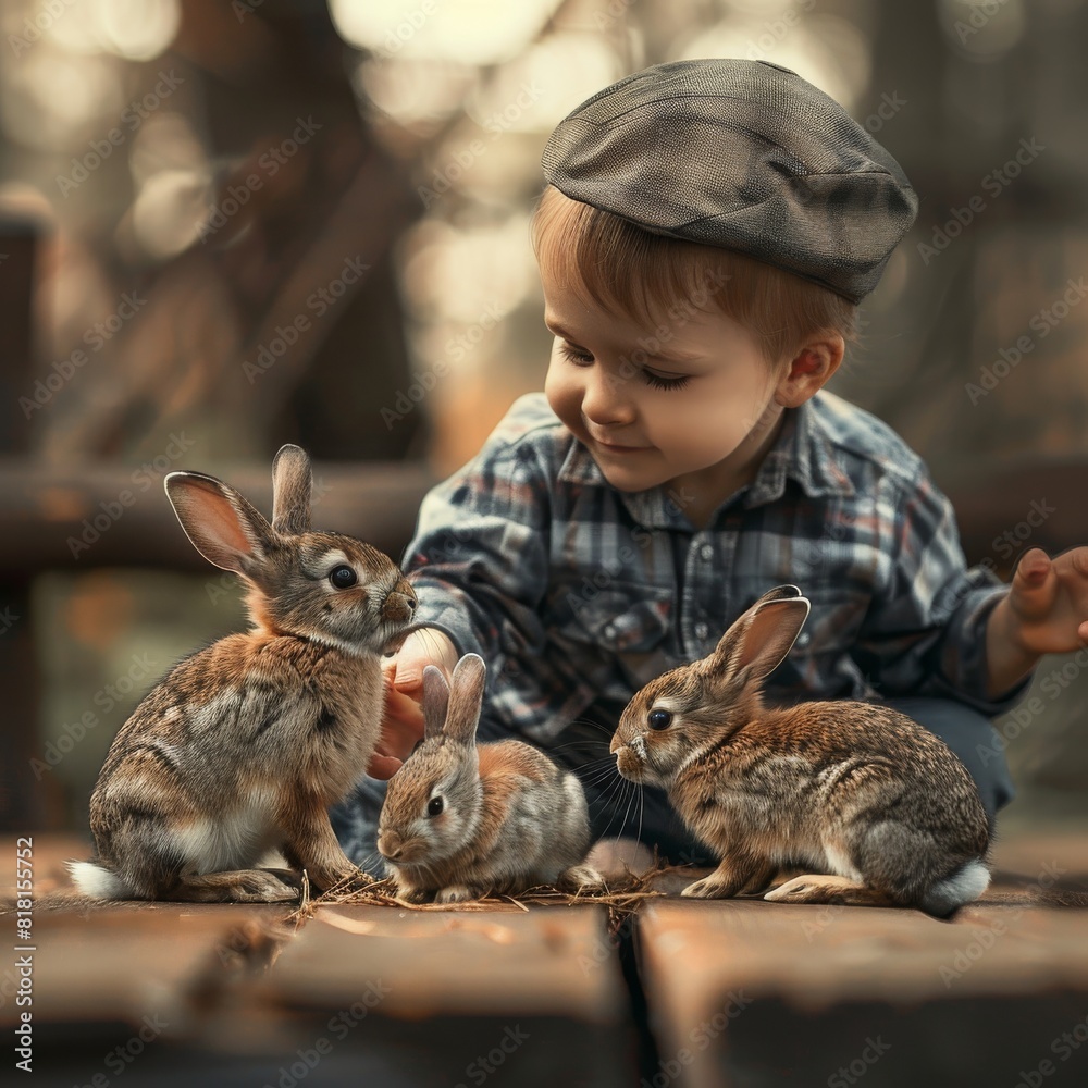 Cute little Boy play with the rabbits in the petting zoo