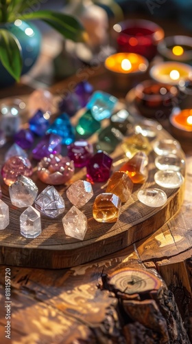 Detailed view of a Reiki crystal grid setup on wooden table during healing session. Vertical banner