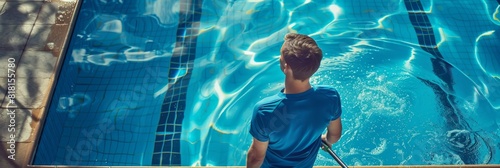 Pool maintenance, swimming pool cleaner, man in blue shirt with cleaning equipment, hotel service