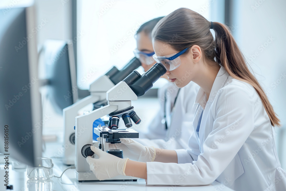 two young female scientist student using microscopes in laboratory two young female scientist student using microscopes in laboratory