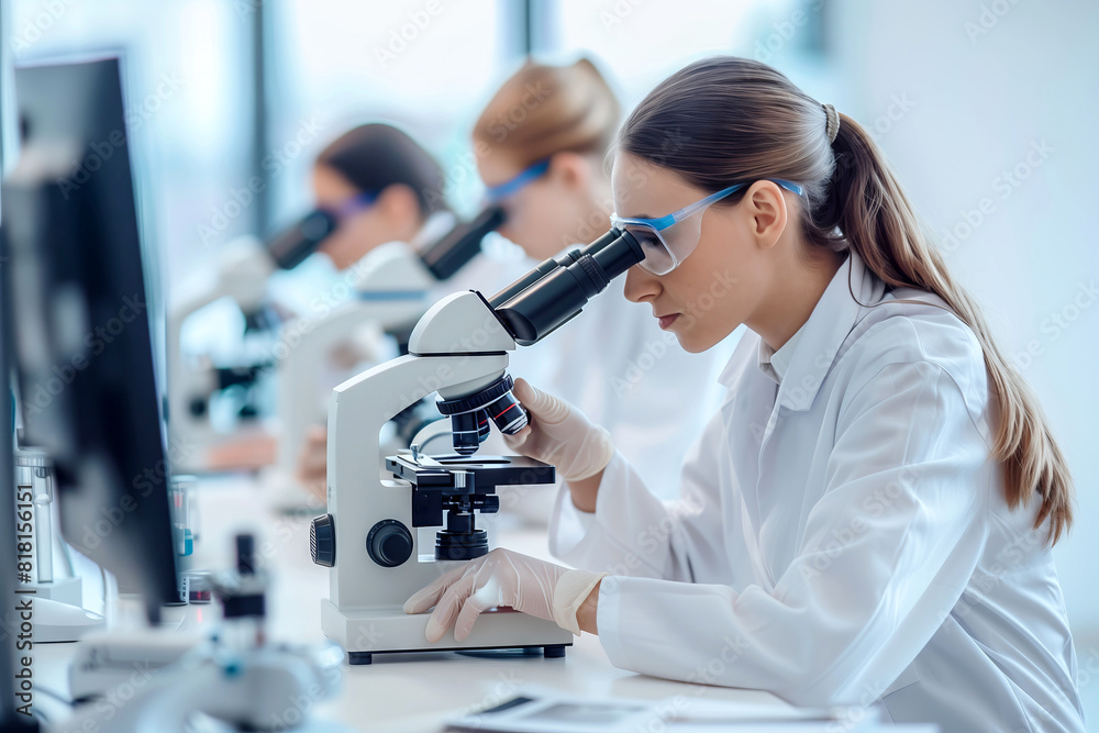 group of female scientist in lab coat working in laboratory using microscope group of female scientist in lab coat working in laboratory using microscope